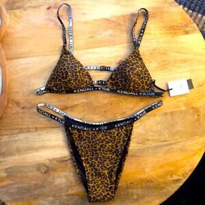 NWT! Kendall & Kylie Animal Print Logo Tape Bikini size XL